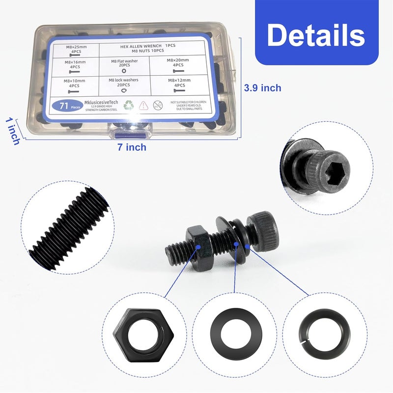 MklusiveTech 71Pcs M8 Screw Kit - 12.9 Grade Carbon Steel M8 Screws, Bolts, Nuts Assortment for DIY, 3D Printing, Automotive, Electronics (10-25mm, Black) (71Pcs Socket Head （10mm-25mm）) - Image 3